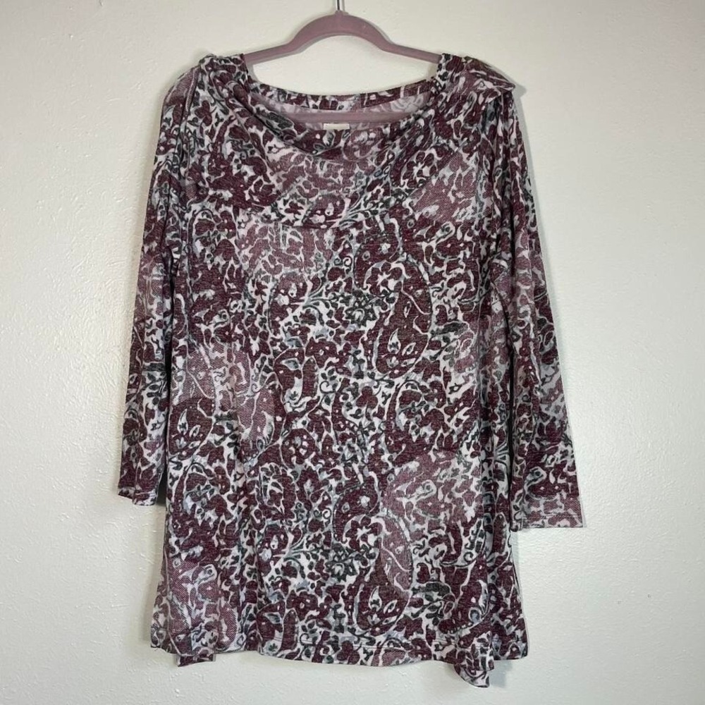 Zenergy Chicos Women Size 2 L/12 3/4 Sleeve Floral‎ Paisley Cowl Neck Formal Top